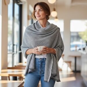 INC International‎ Concepts Black/Silver Herringbone Fringed Wrap Scarf Shawl